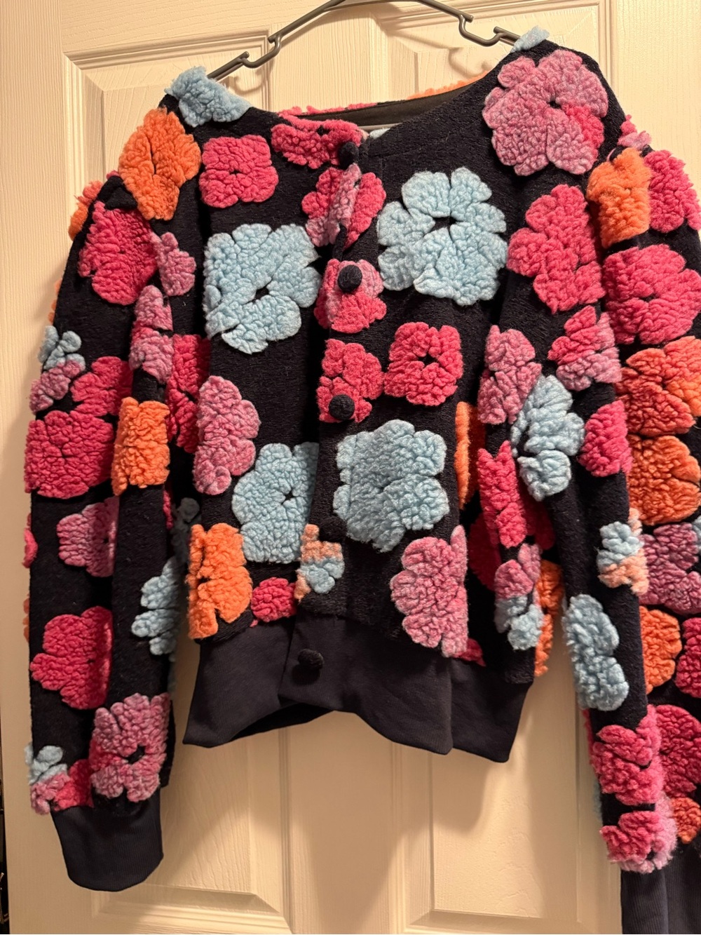 Girls' Floral Sherpa Jacket - Black with Pink, Blue & Orange Flowers